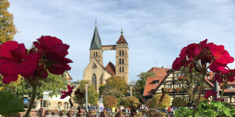 Stadtkirche St. Dionys, malerische Fachwerkhäuser und bunten Blumen im Vordergrund – Kulisse für unseren Messestand Light beim FAEX Pop-up.